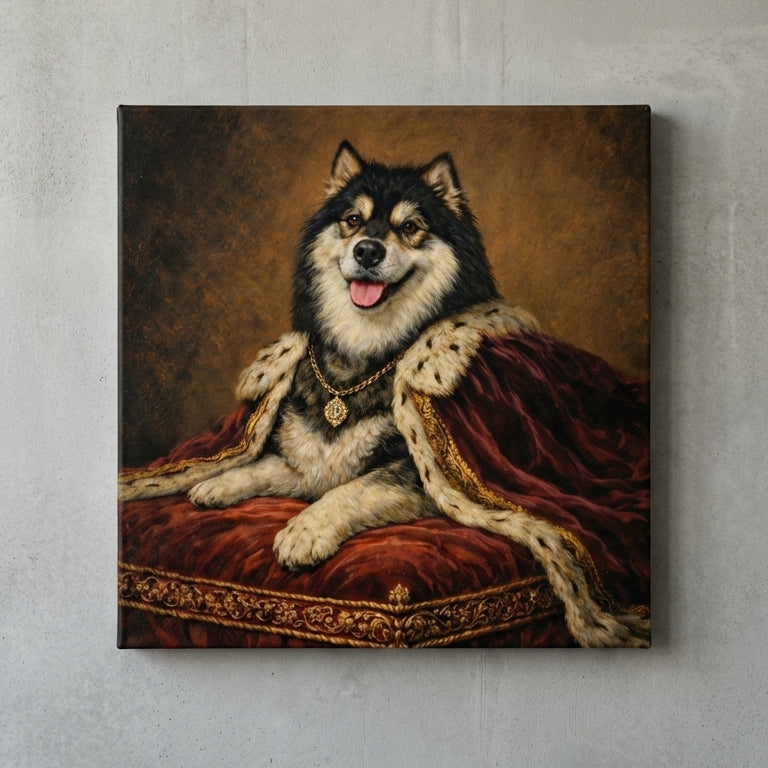 Canvas print of a dog on a cushion against a gray wall