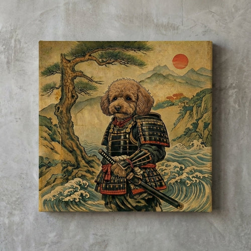 Canvas print of a dog in samurai armor against a scenic background on a textured wall.