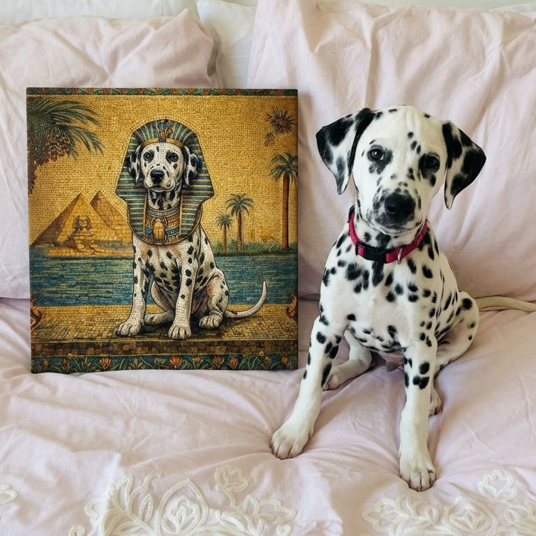 Dalmatian dog sitting on a bed next to a painting of two dogs in Egyptian attire.