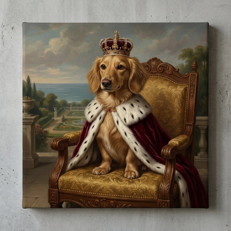 Canvas print of a dog in regal attire sitting on an ornate chair with a classical landscape background.