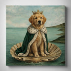 Painting of a dog with a crown and robe sitting on a shell by the sea.