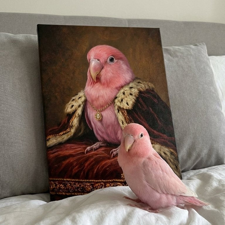 Real pink parrot on a bed next to a painting of a parrot in regal attire.