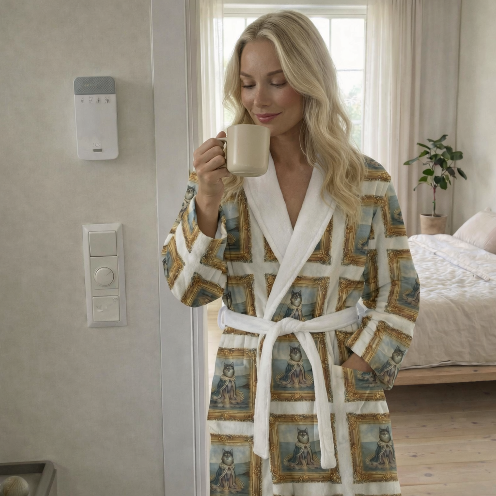 Woman in a patterned robe holding a mug in a bedroom setting. Garment is a custom pet image design. 