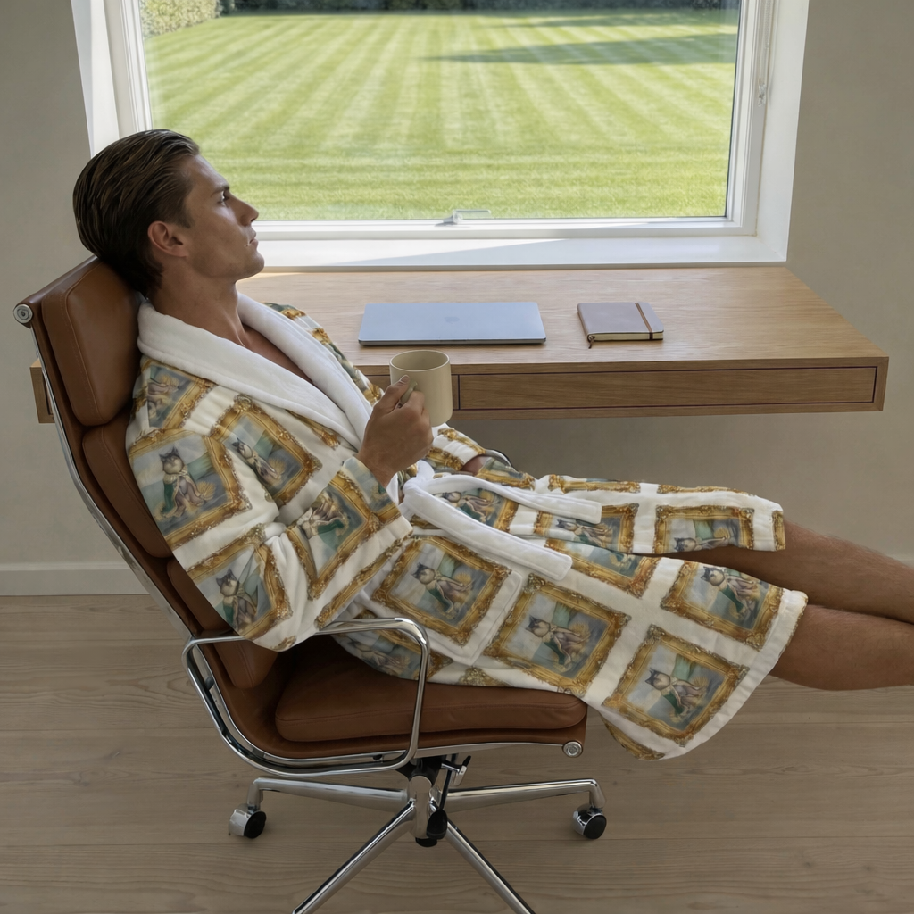 Man in a robe sitting in a chair by a window with a desk and books. Garment is a custom pet image design. 