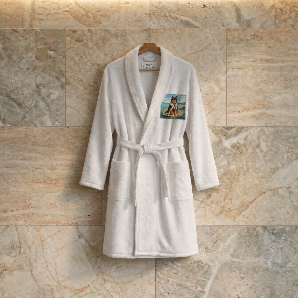White bathrobe with a patch on a hanger against a stone wall background. The robe garment is a custom pet image, designed with AI. The garment has a badge that is a pet image augmented with AI. 
