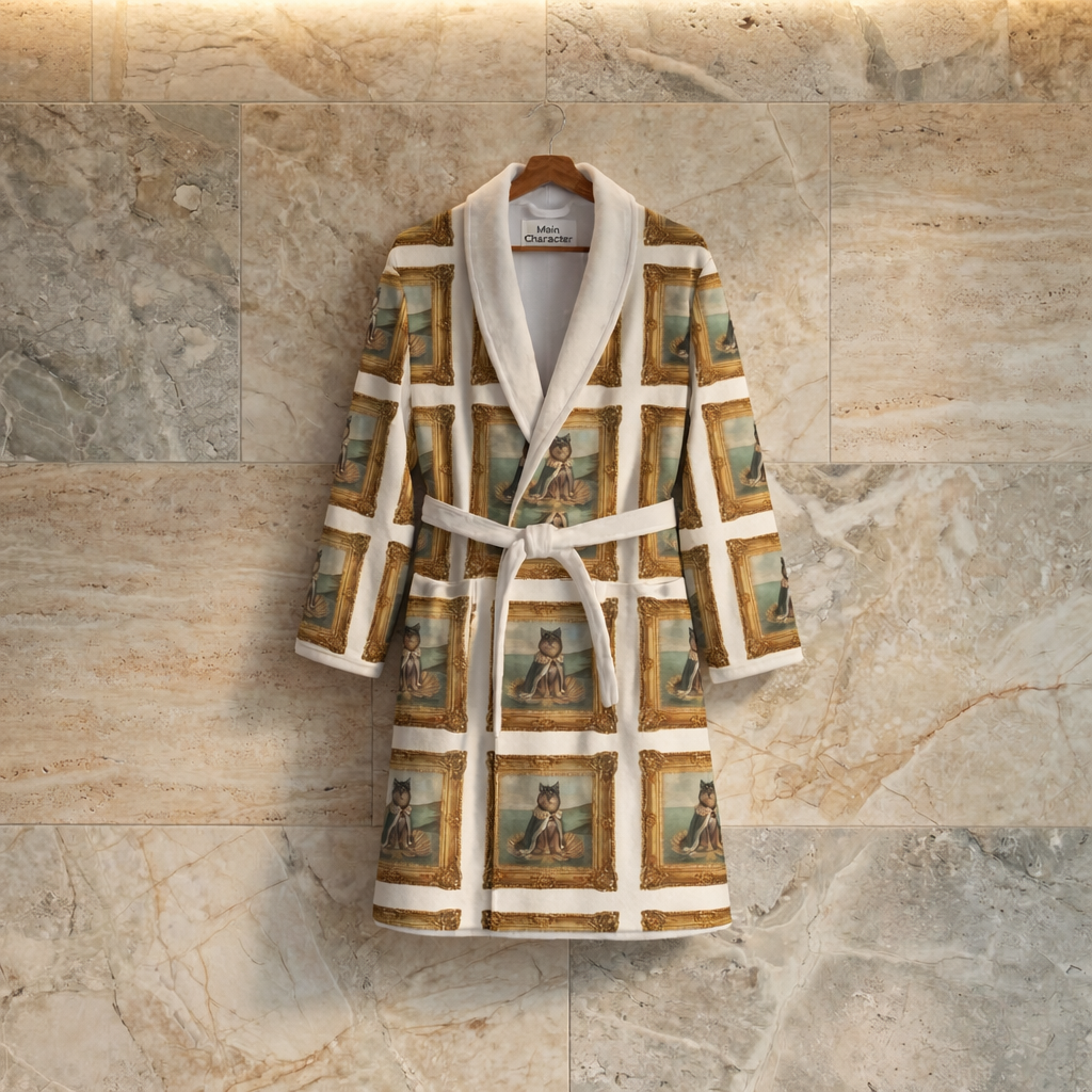 Robe with cat print on a hanger against a marble wall. Garment is a custom pet image design. 