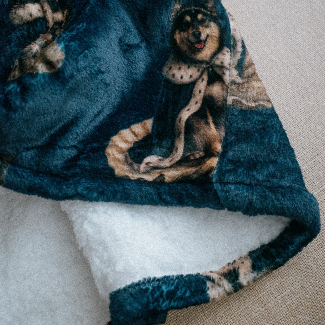 Blue blanket with dog pattern on a white surface