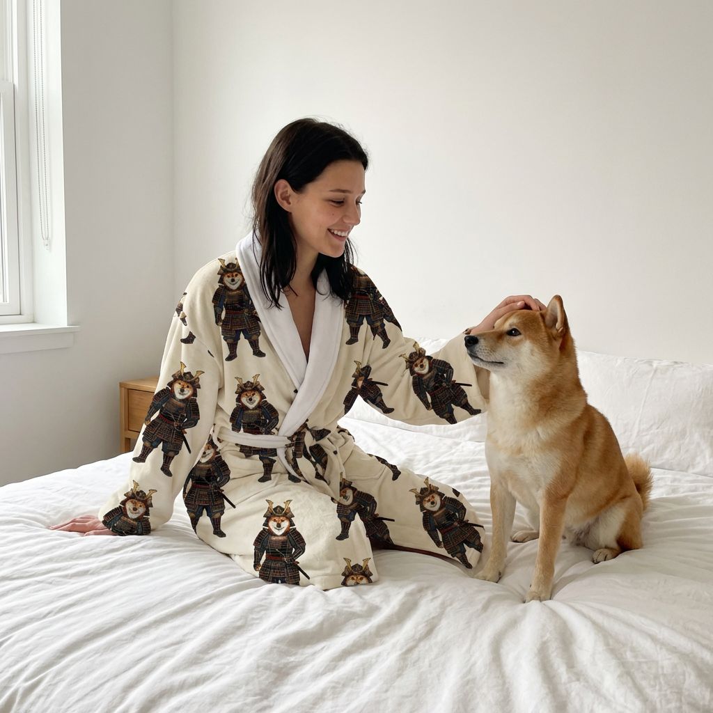 Woman wearing a robe with bear designs sitting on a bed with a dog.