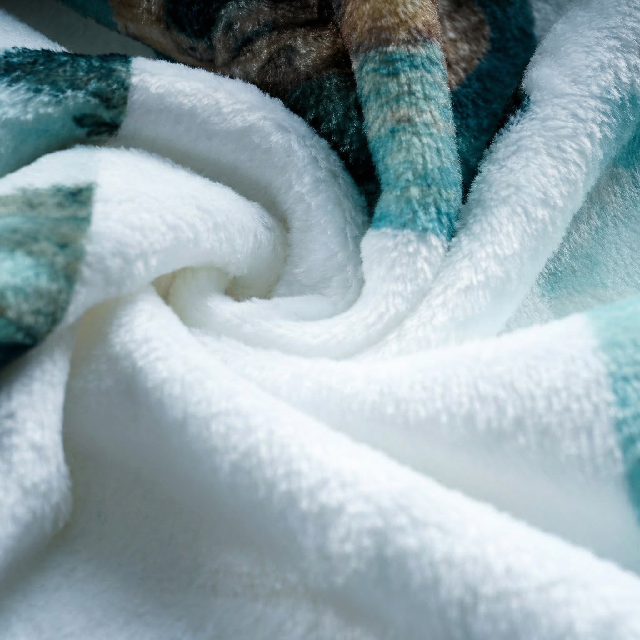 Close-up of textured white fabric with blue and brown accents. Folded robe material with a pattern of cats on a white background. The material is flannel. 