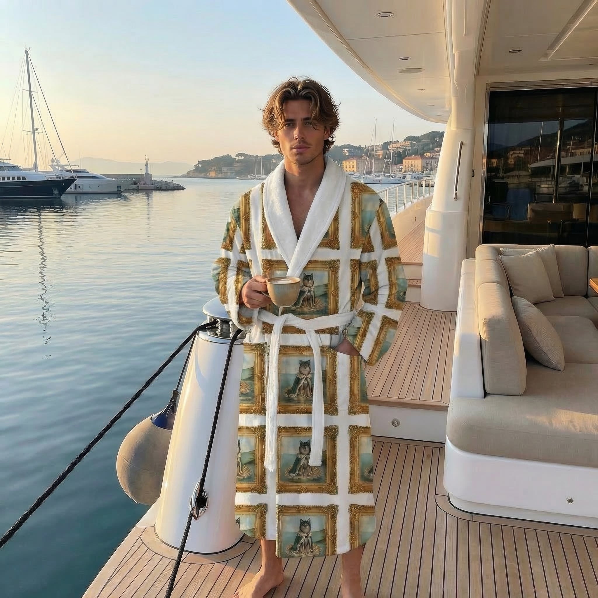 Man in a patterned robe standing on a yacht with water and another yacht in the background. Patterned Robe is a custom pet design garment. 