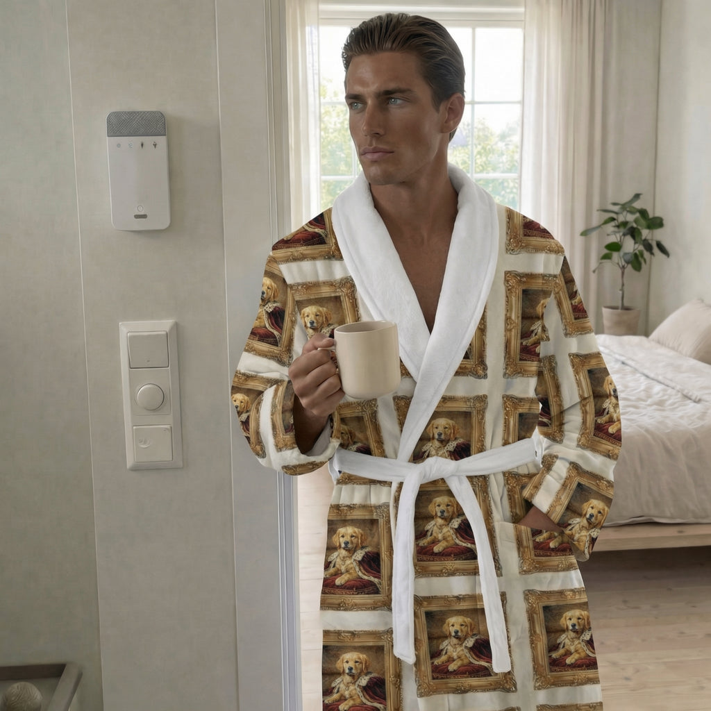 Man wearing a patterned robe holding a mug in a bedroom. Garment is a custom pet image design. 