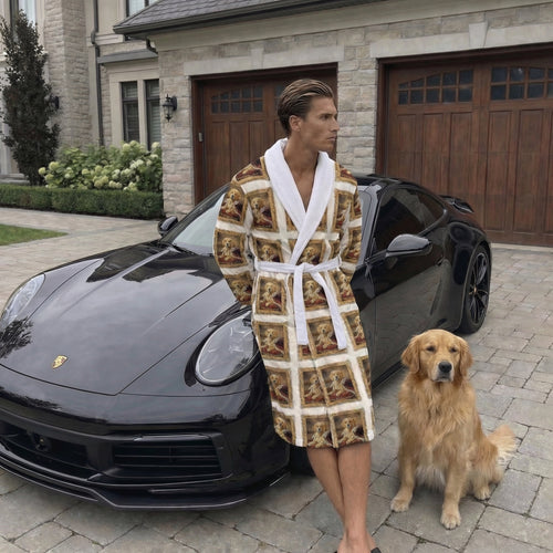Man in a patterned robe standing next to a black Porsche with a labrador dog on a driveway.