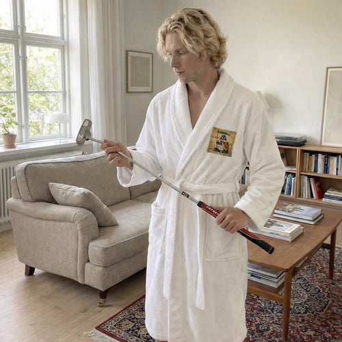 Man in a white robe holding an odyssey golf club in a living room. The robe garment is a custom pet image, designed with AI. The garment has a badge that is a pet image augmented with AI. 