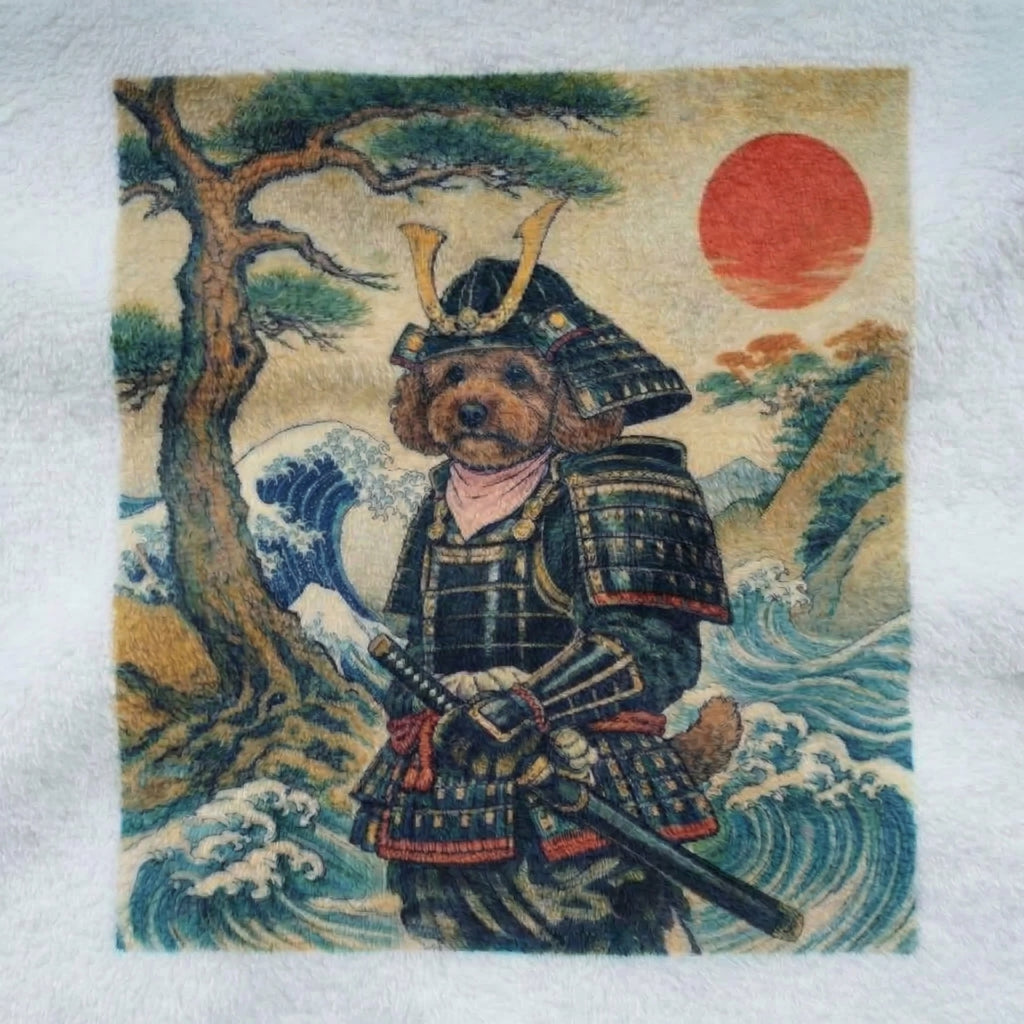 puppy in samurai costume with a scenic background on a textured fabric surface of bathrobe garment. the garment bathrobe is a custom AI pet design. 
