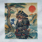 puppy in samurai costume with a scenic background on a textured fabric surface of bathrobe garment. the garment bathrobe is a custom AI pet design. 