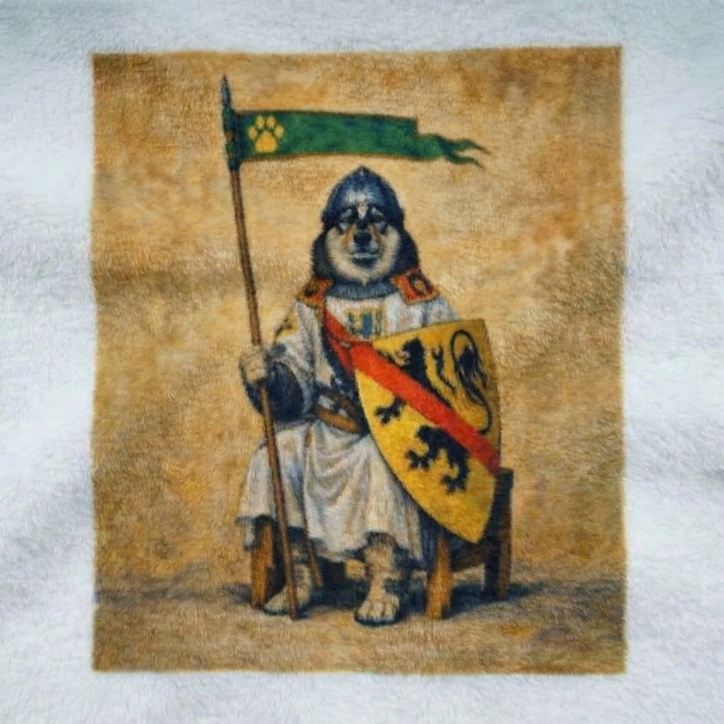 Dog dressed as a knight holding a flag and shield on a textured surface of a bathrobe garment. the garment bathrobe is a custom AI pet design. 