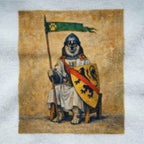 Dog dressed as a knight holding a flag and shield on a textured surface of a bathrobe garment. the garment bathrobe is a custom AI pet design. 