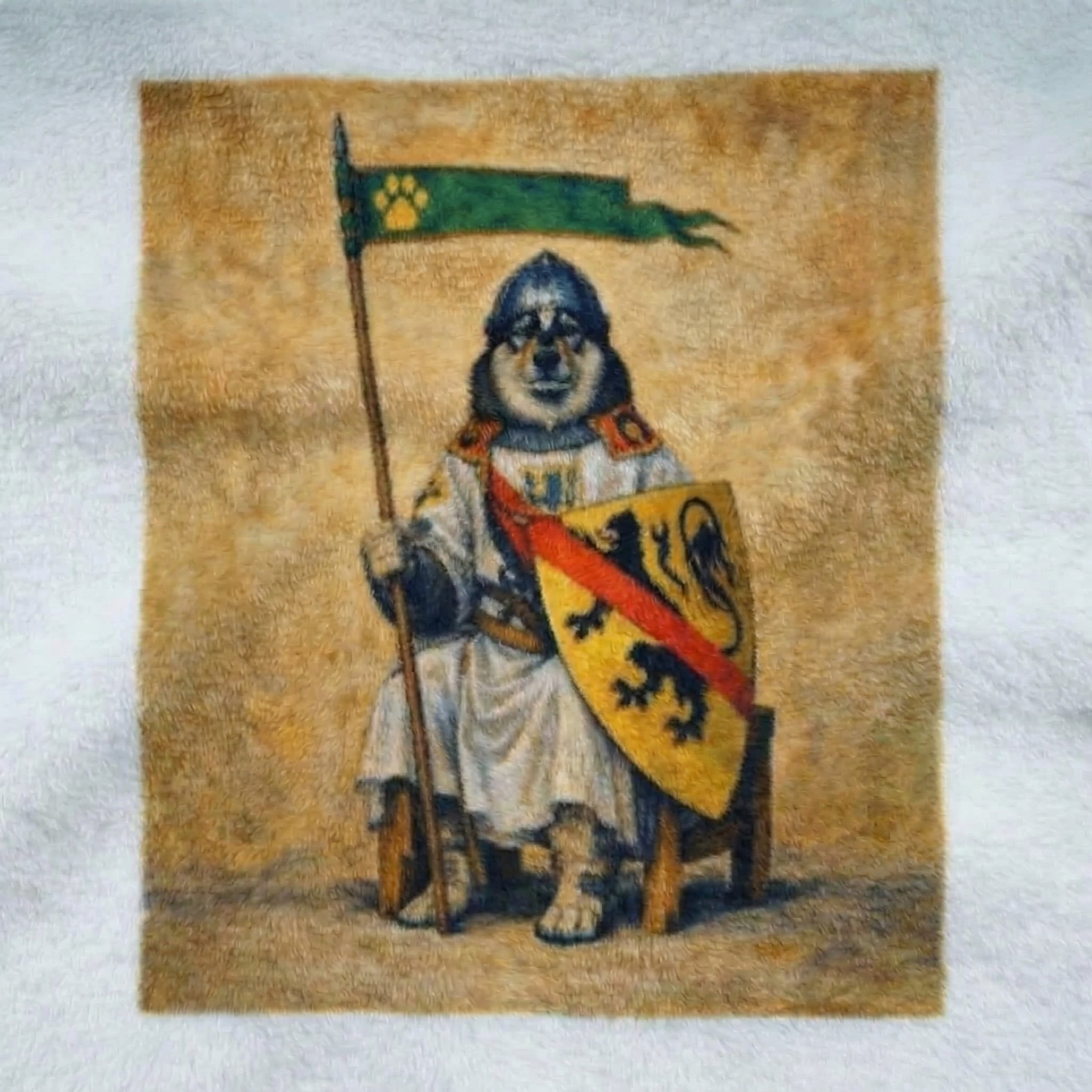 Dog dressed as a knight holding a flag and shield on a textured surface of a bathrobe garment. the garment bathrobe is a custom AI pet design. 