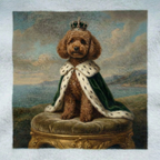 Dog wearing a crown and cape on a throne with a scenic background on a soft fabric garment. the garment bathrobe is a custom AI pet design. 