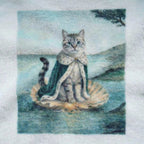 Cat sitting on a shell with a scarf, surrounded by water and mountains. the garment bathrobe is a custom AI pet design. 