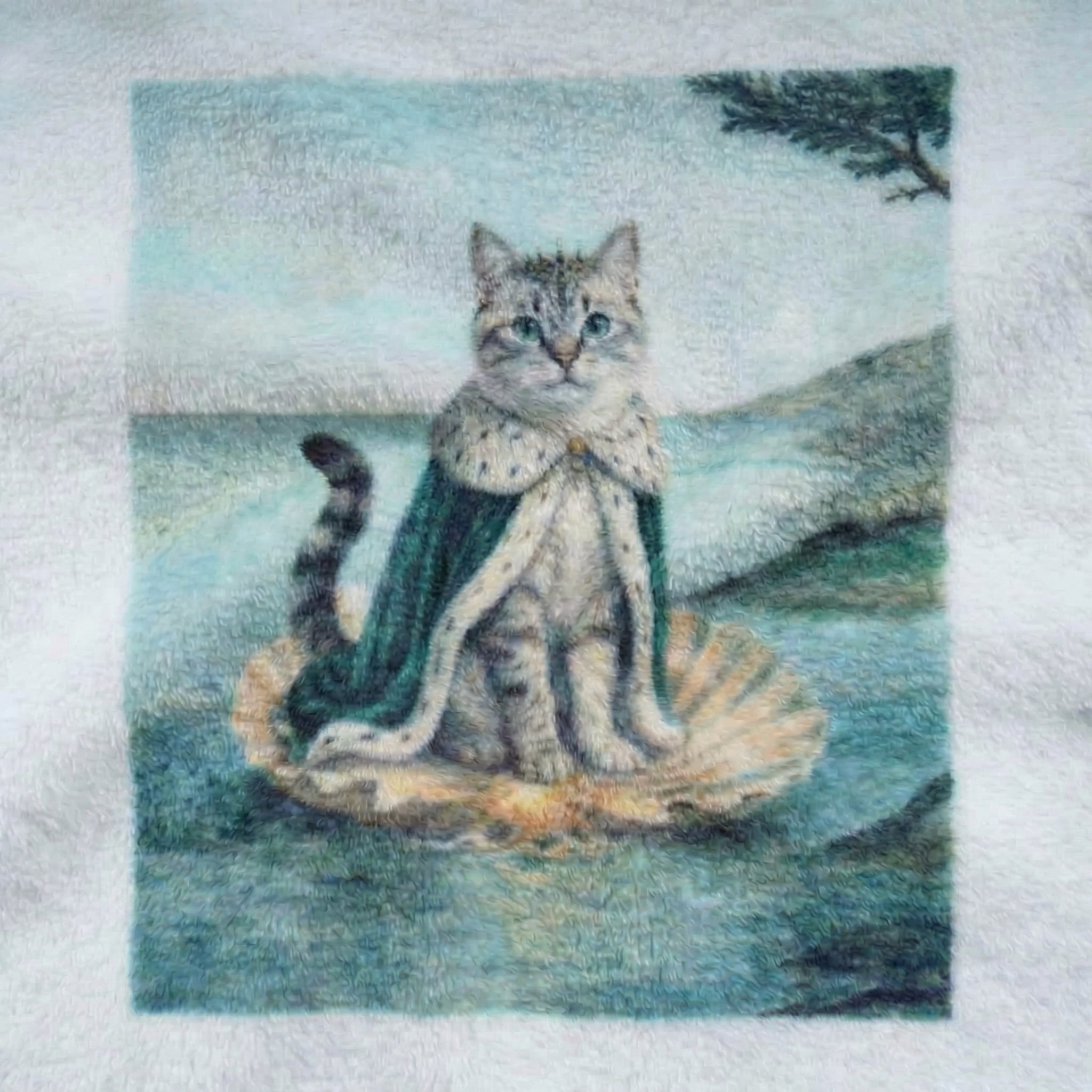 Cat sitting on a shell with a scarf, surrounded by water and mountains. the garment bathrobe is a custom AI pet design. 