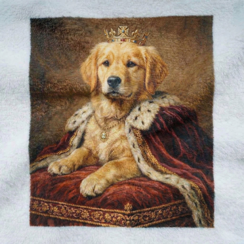 Dog wearing a crown and draped in regal attire on a cushion, on a textured fabric background. the garment bathrobe is a custom AI pet design. 