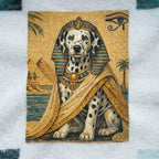 Mosaic of a Dalmatian dog dressed as an Egyptian pharaoh on a textured white background. the garment bathrobe is a custom AI pet design. 