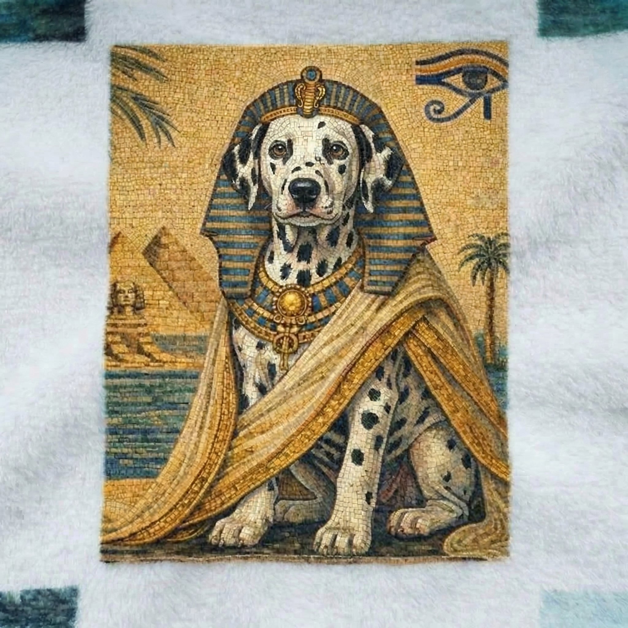 Mosaic of a Dalmatian dog dressed as an Egyptian pharaoh on a textured white background. the garment bathrobe is a custom AI pet design. 
